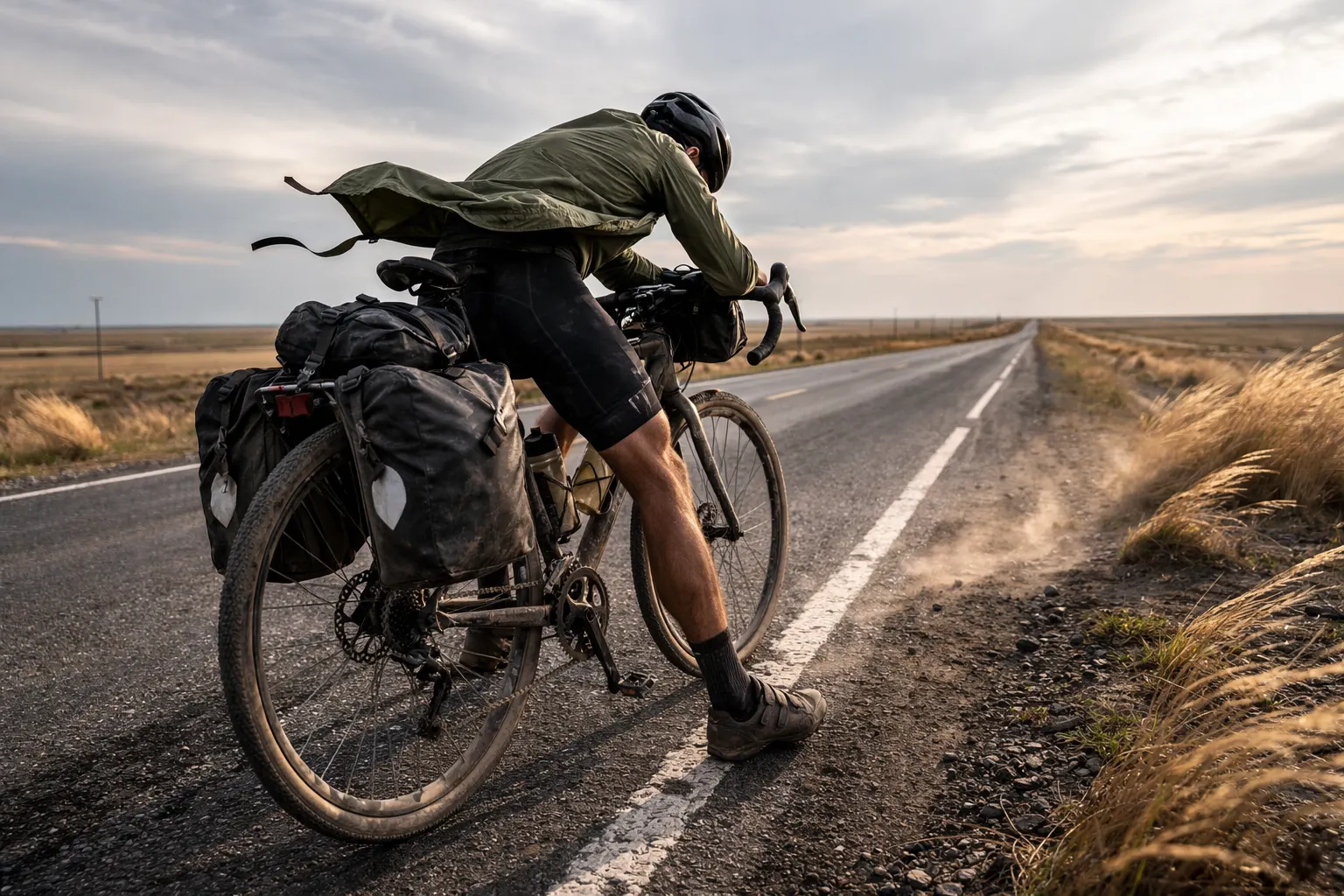 Cyclist with fully loaded touring bike paused on an empty rural highway, leaning forward into strong headwinds under a wide open sky.