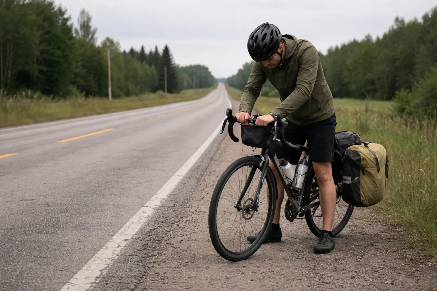 Cyclist in helmet and touring gear adjusting his loaded road bike on the shoulder of a long rural highway surrounded by forest.