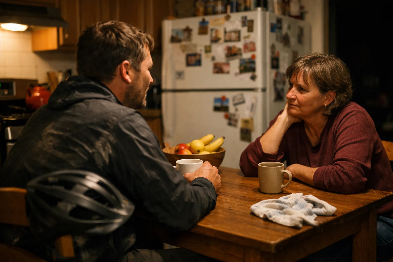ale cyclist having a warm conversation with a woman at a cozy kitchen table, coffee mugs and fruit bowl in a warmly lit home setting.
