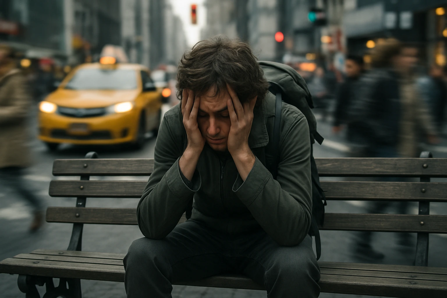 Traveler showing signs of travel burnout in a busy city
