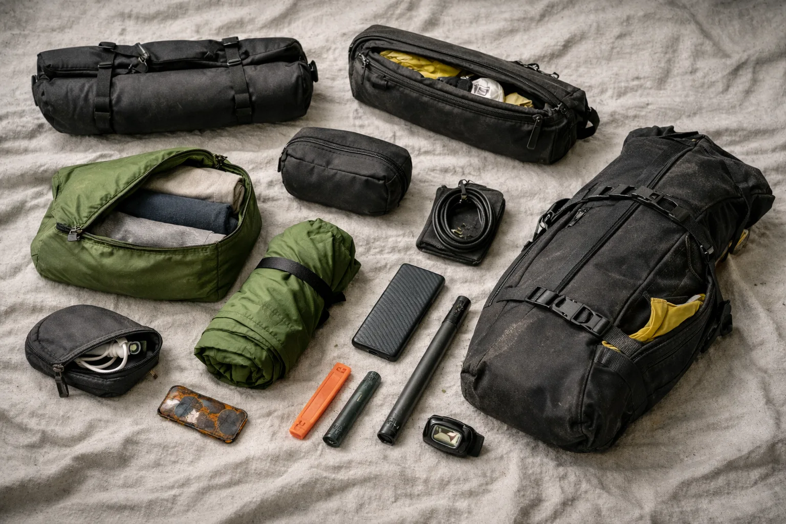 40L core kit flat lay with bikepacking bags, clothing cube, power bank, headlamp, and cables.