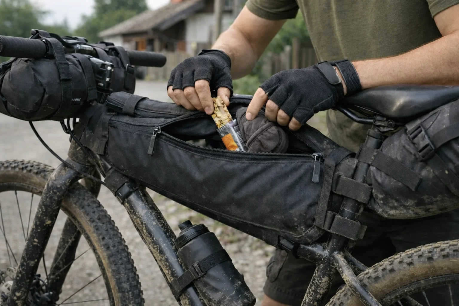Cyclist opening a frame bag on a muddy bike to grab a snack, showing quick-access bikepacking storage.