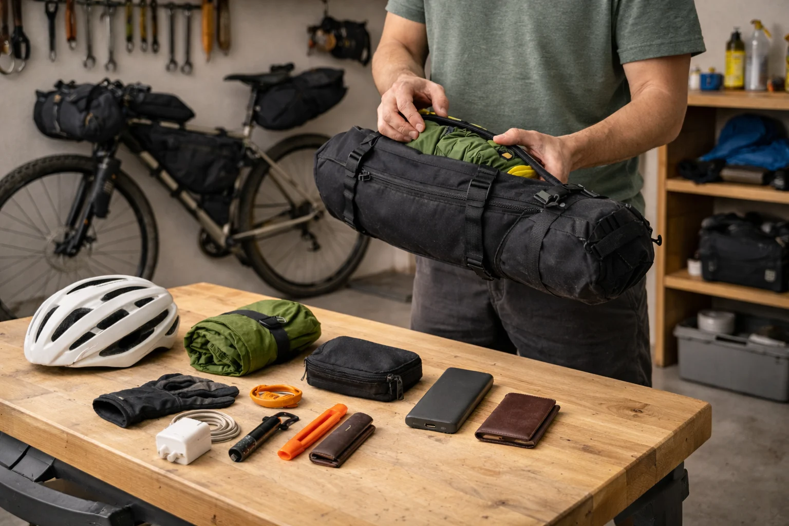 Minimalist packing list for long term travel: packing a bikepacking handlebar bag on a workbench in a garage, with a helmet and small essentials laid out.