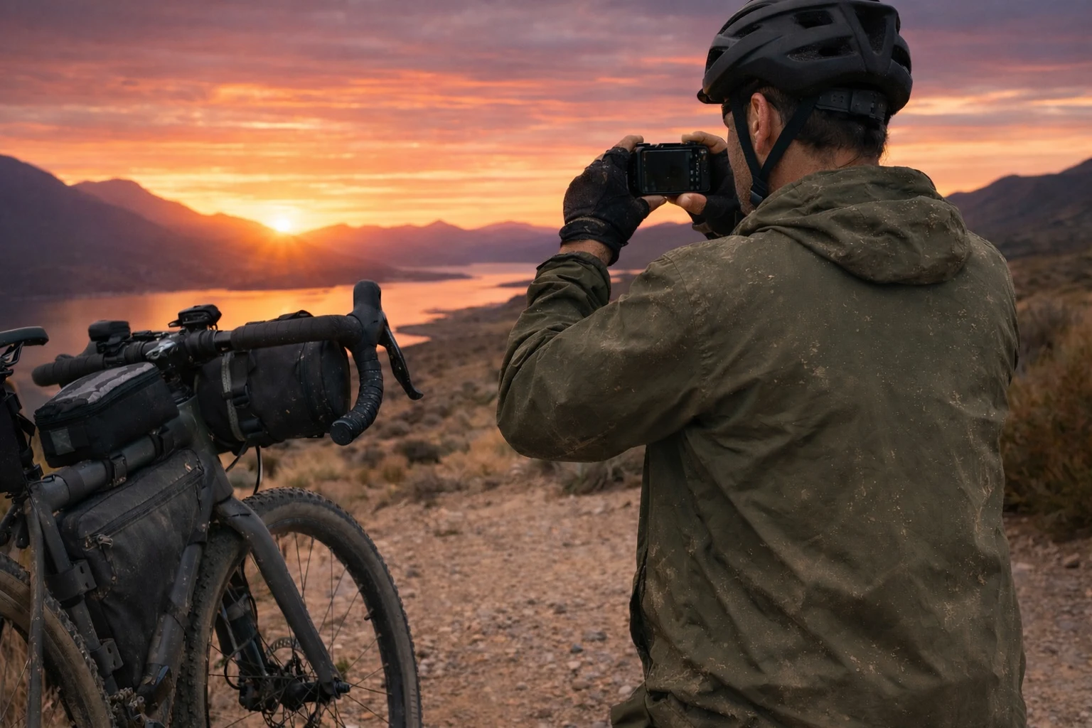 Bikepacker capturing sunrise with bikepacking photography gear beside loaded bike