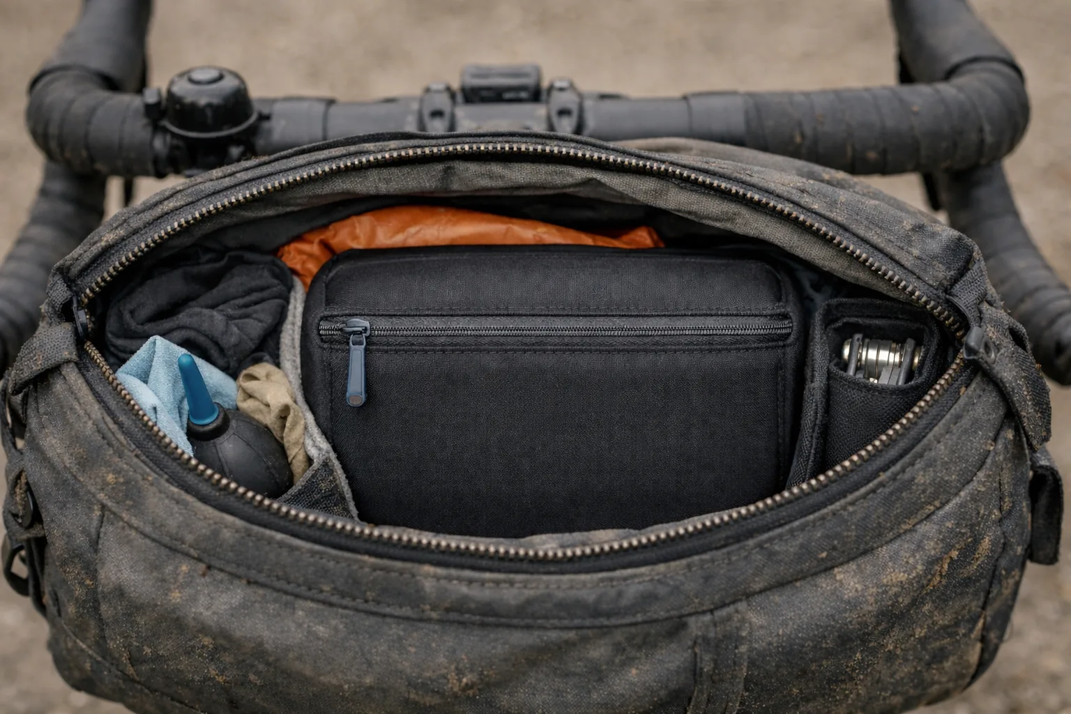 How to protect camera while bikepacking: padded insert in handlebar bag with tools