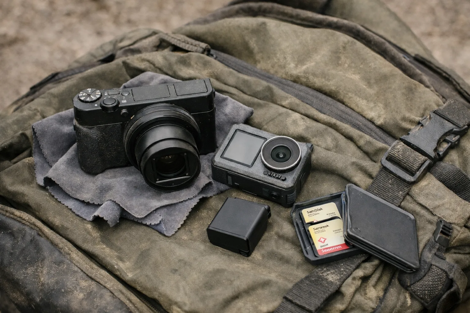 Minimal bikepacking camera kit: compact camera, action camera, batteries, and SD cards laid out on a bag