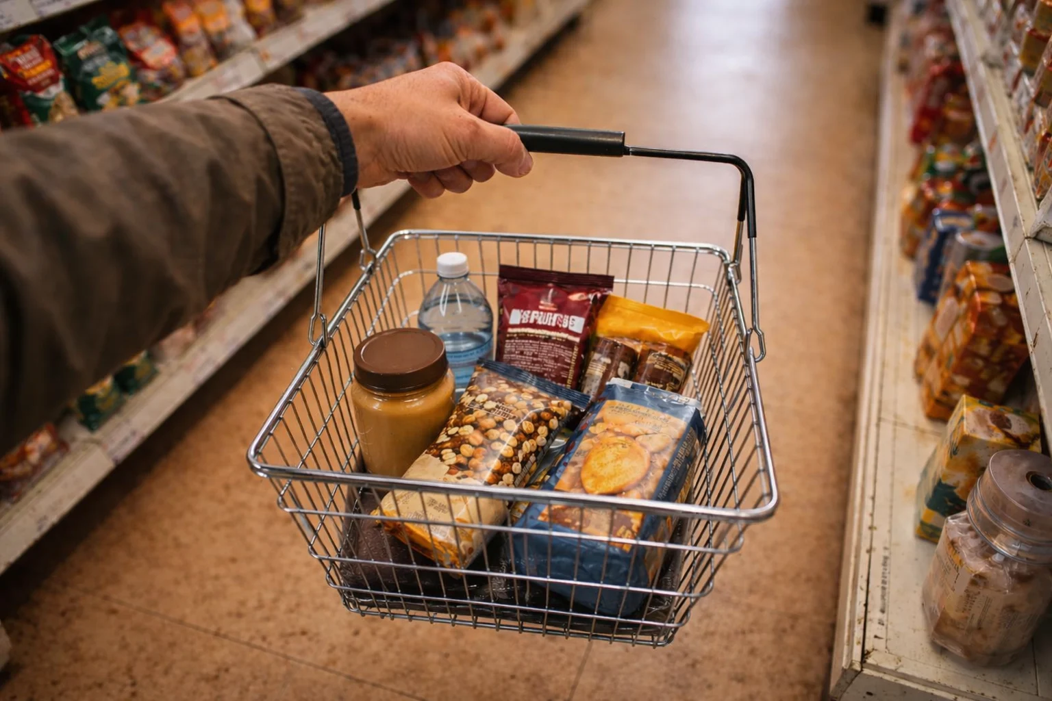 Cyclist holding a grocery basket inside a gas station convenience store, selecting snacks like peanut butter, chips, and water for a bikepacking resupply stop