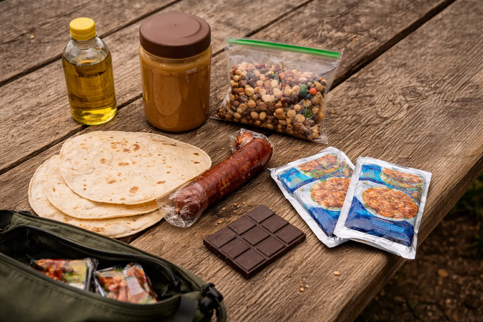 Flat lay of calorie-dense bikepacking foods on a wooden surface: olive oil bottle, peanut butter jar, mixed nuts, tortillas, summer sausage, dark chocolate, and tuna packets arranged for a multi-day tour