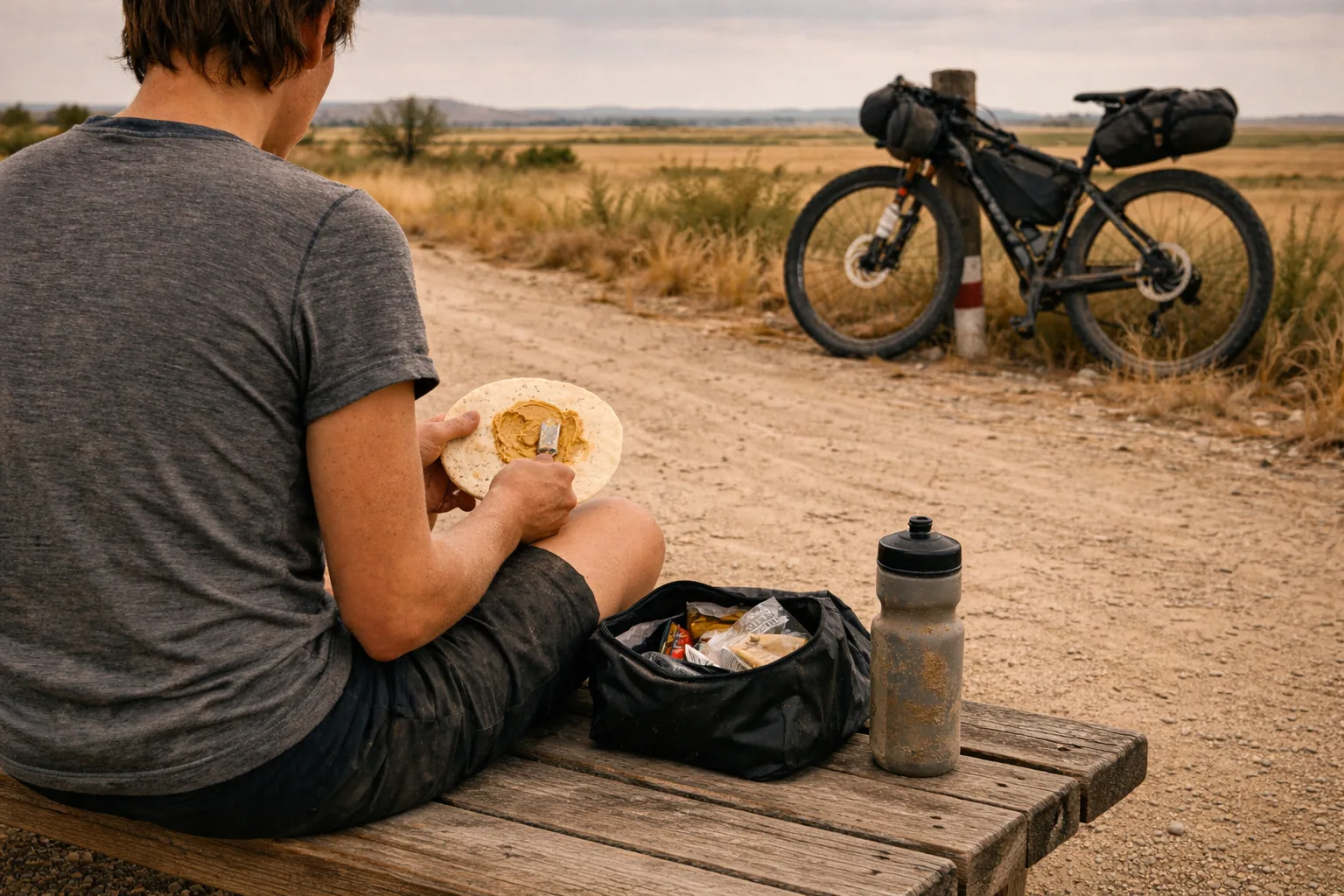 Bikepacker demonstrating real trail nutrition on a loaded touring bike — spreading peanut butter on a tortilla at a dusty desert roadside, golden afternoon light, remote landscape stretching behind