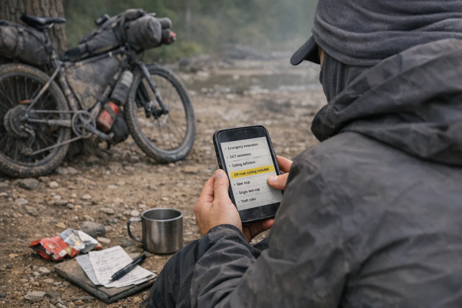Best travel insurance for bikepacking checklist on a phone at camp