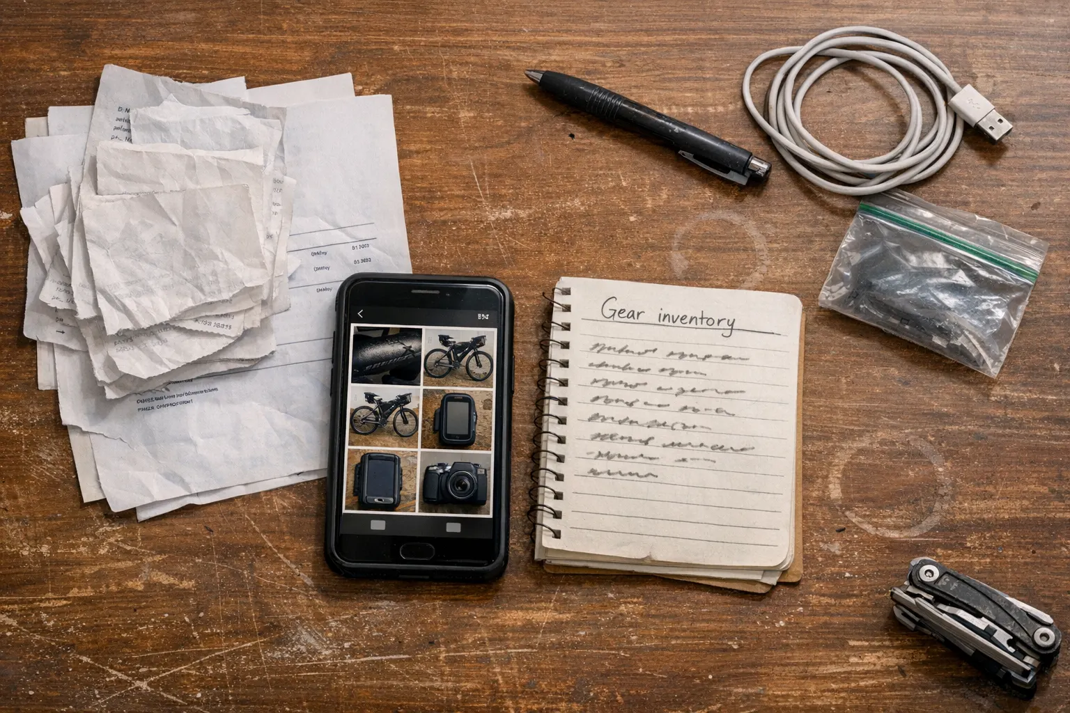 Gear inventory folder with receipts and bike serial number photos for an insurance claim