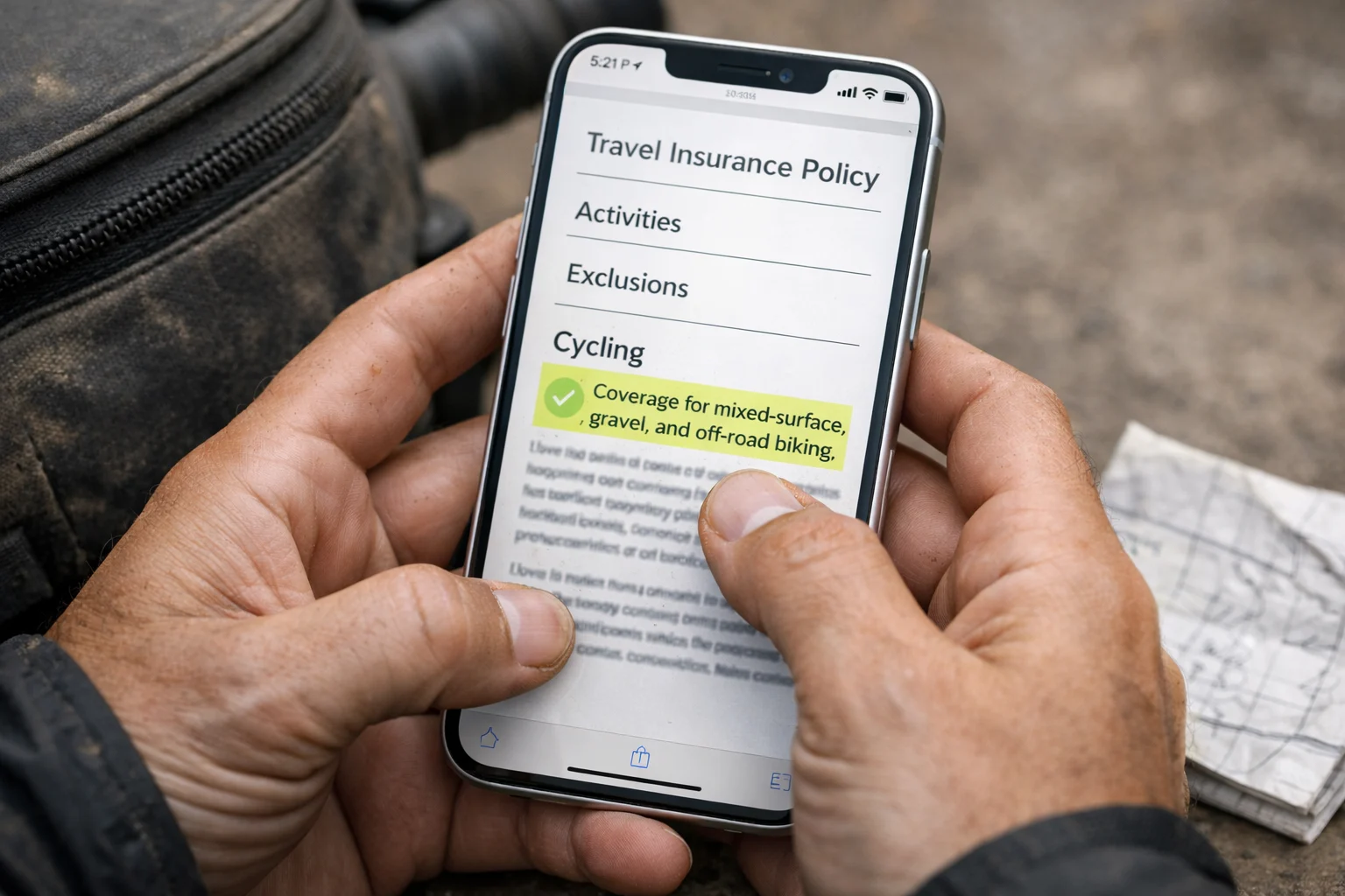 Checking travel insurance cycling coverage for gravel and off-road biking on a phone during a bikepacking trip