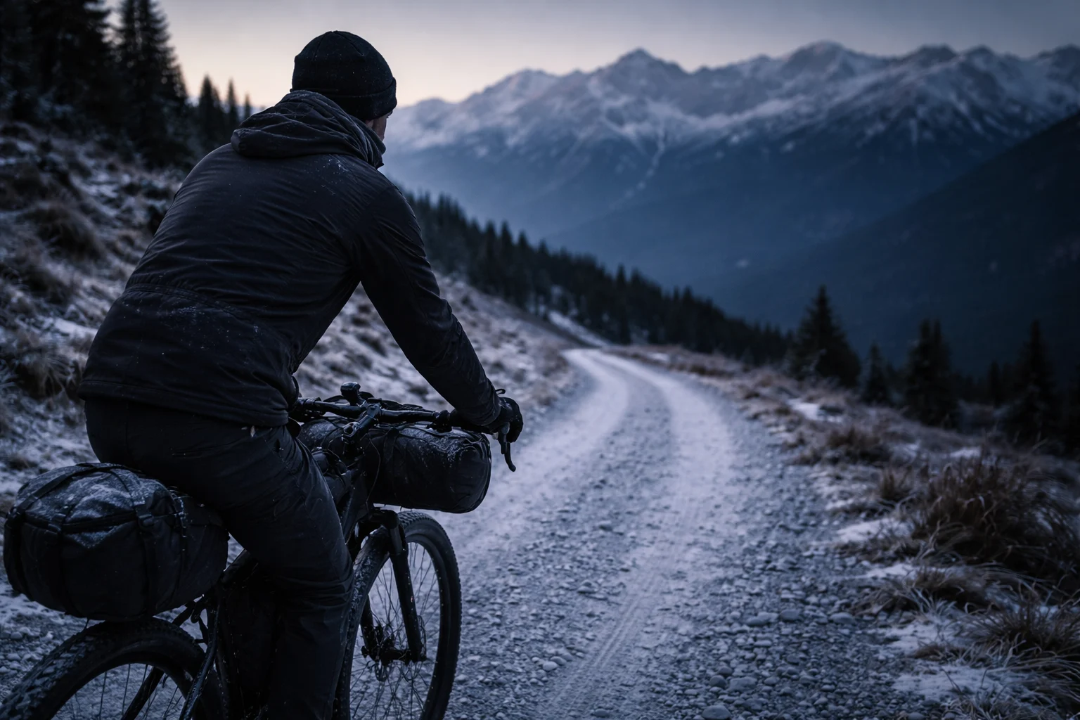 Winter bikepacking gear in use — fully layered rider descending snow-dusted gravel at dawn, frost on handlebar bag, mountain backdrop