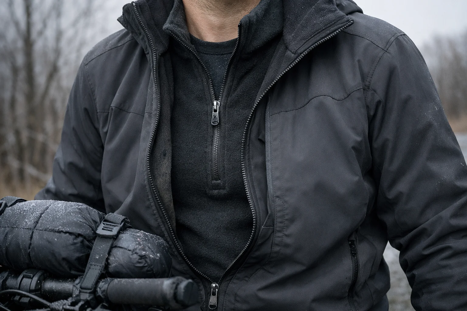 Bikepacker's torso layering mid-ride — merino base at collar, Alpha Direct mid unzipped, softshell open, packed puffy on handlebar bag