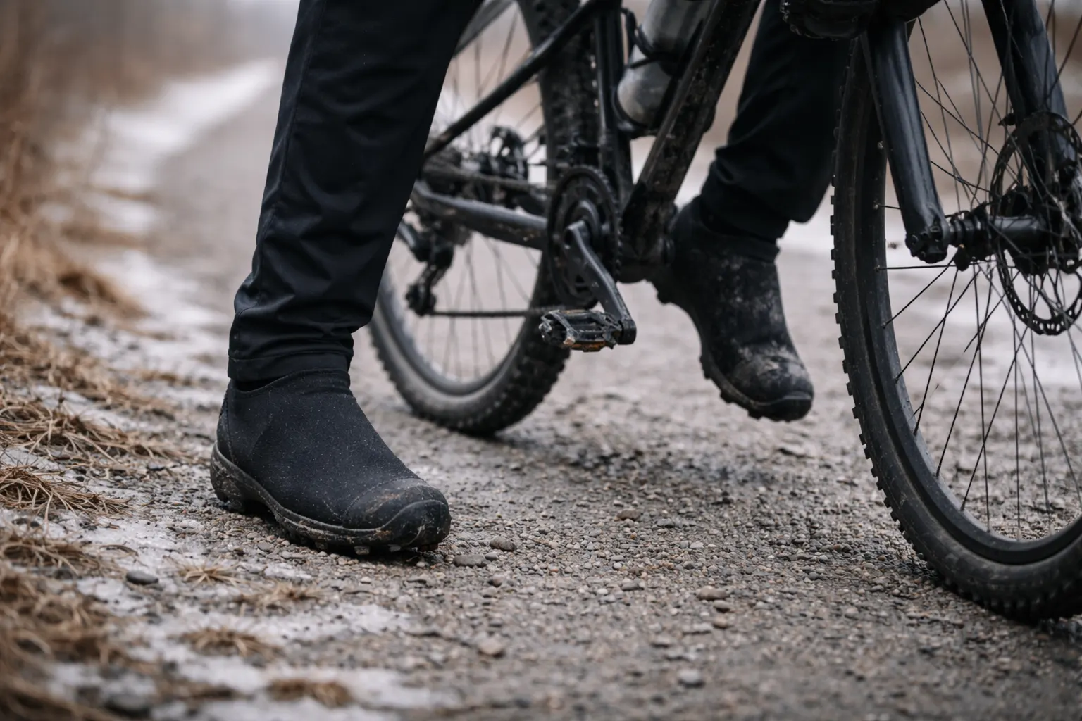 Winter cycling footwear — neoprene overshoe on pedal with other foot planted on frosty gravel trail