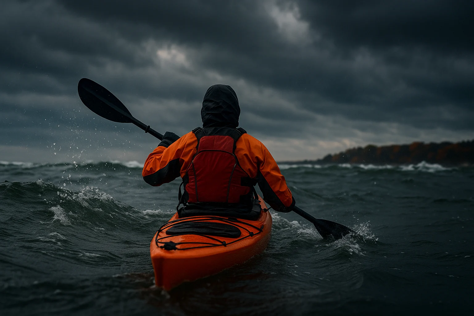 Kayakers navigating rough water during the Autumn Gales sea kayaking event in Fishers Island Sound