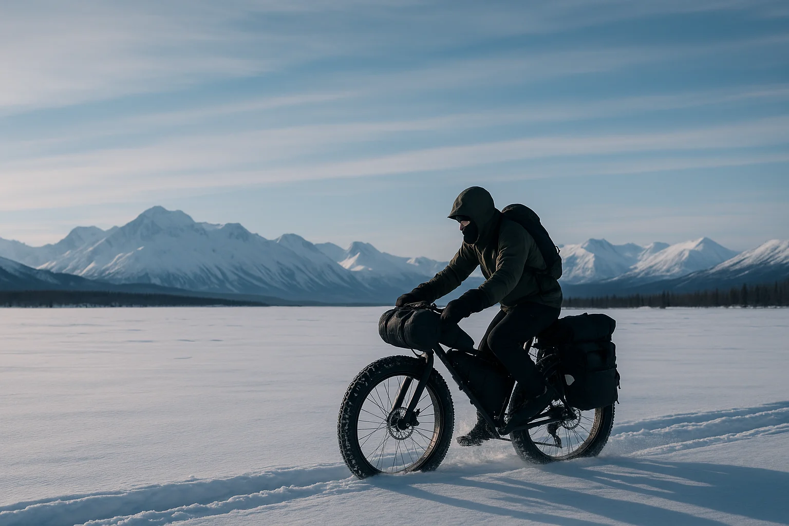 Fat bike navigating Alaska’s snowy backcountry trails during a winter expedition