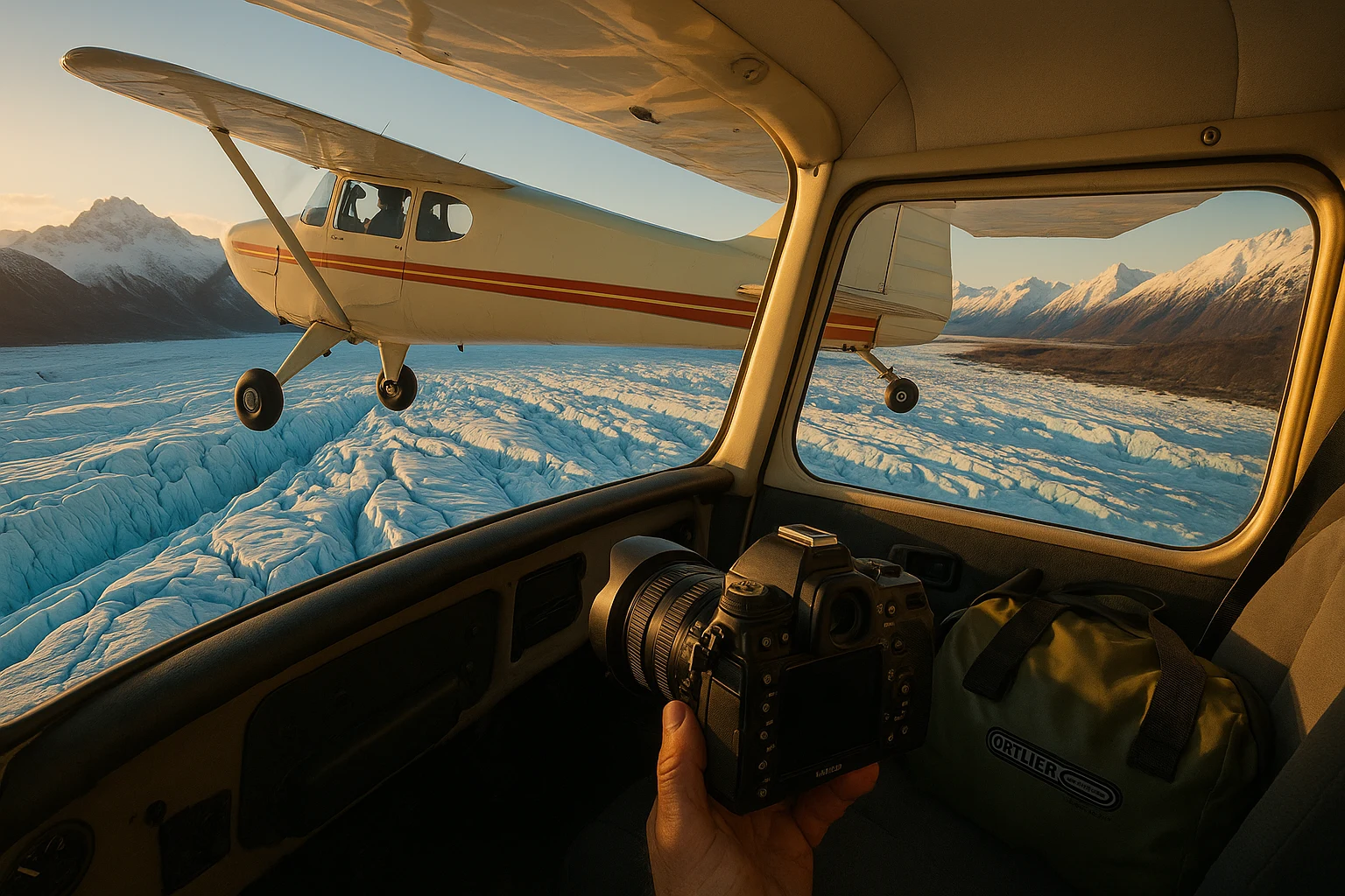 Illustration of an aerial adventure above Alaskan glaciers
