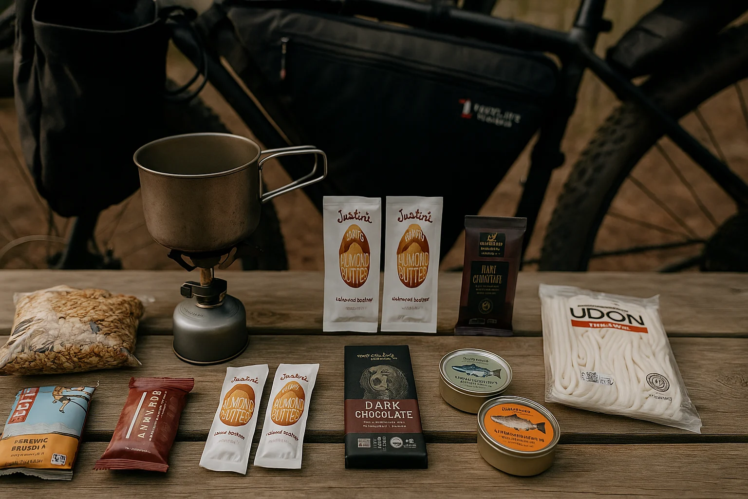 Bikepacking foodpacking kit inspired by Glenn Charles—lightweight meals stored in framebags