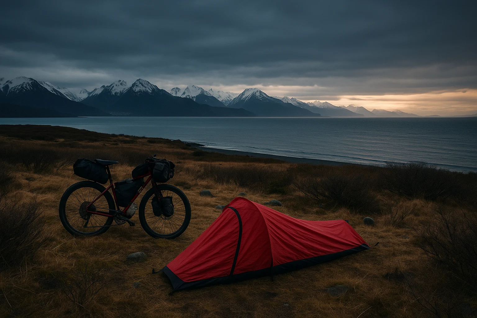 Minimalist bikepacking camp near Homer, Alaska in remote wilderness