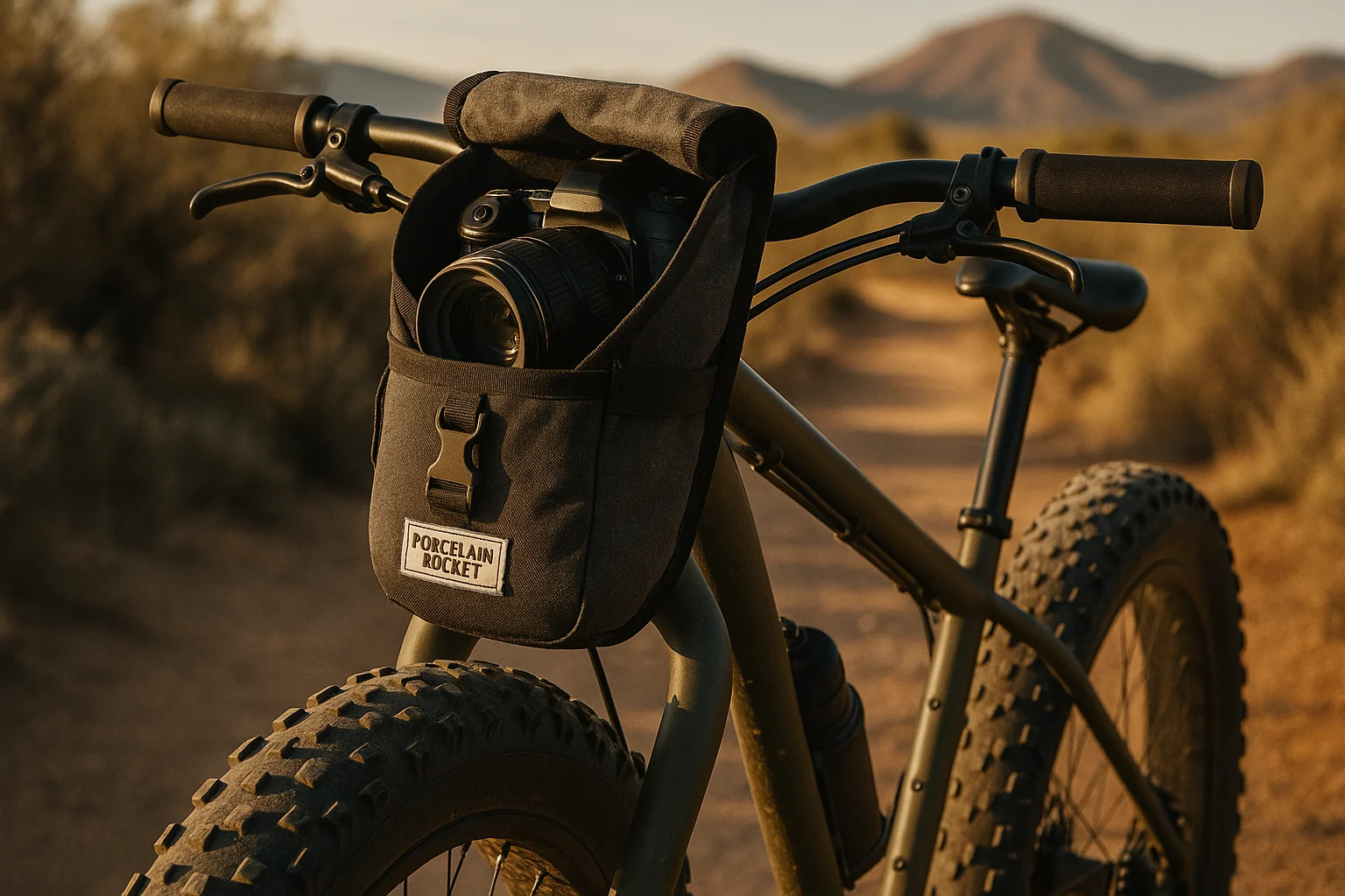 Bikepacker securing camera with Porcelain Rocket Slinger on a snowy trail
