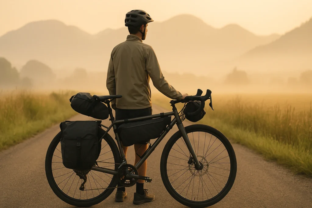 Cyclist with affordable bike touring gear for beginners
