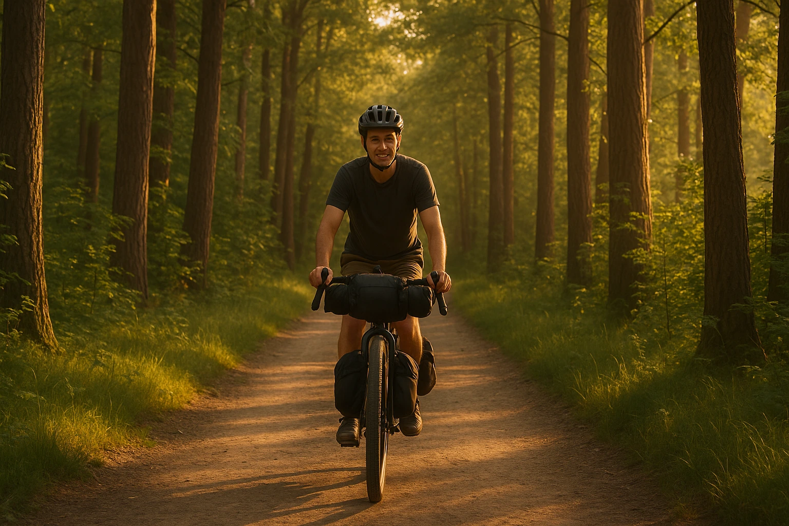 A cyclist with a gear-loaded bicycle stands in an outdoor setting with blurred greenery.