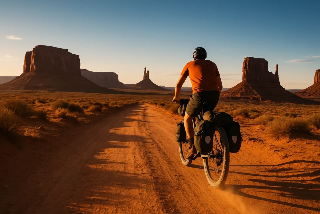 Cyclist bikepacking the Western US through desert landscapes