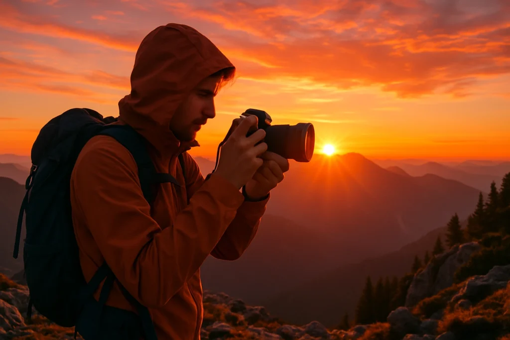 Backpacker with lightweight camera gear capturing a mountain sunrise