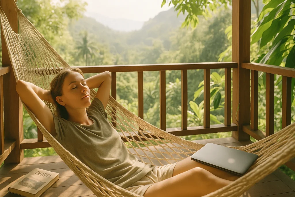 Traveler relaxing in a serene setting for travel burnout recovery