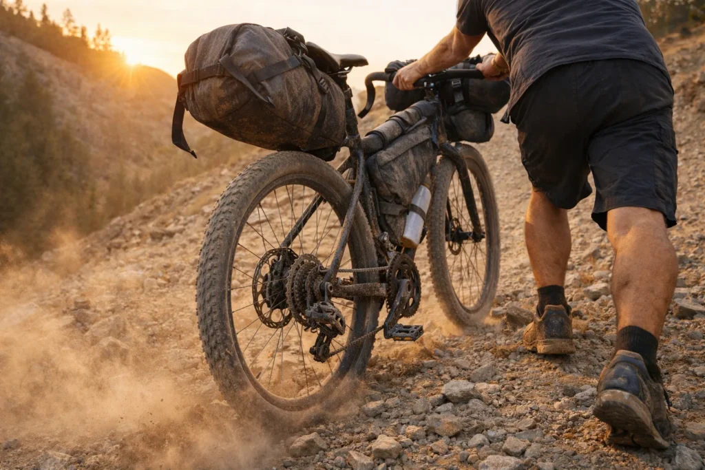 Beginner bikepacking mistakes: pushing an overloaded bike up a rocky climb at sunrise