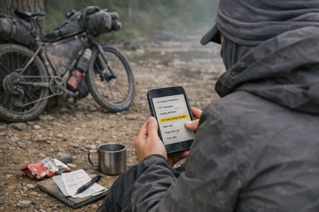 Best travel insurance for bikepacking checklist on a phone at camp