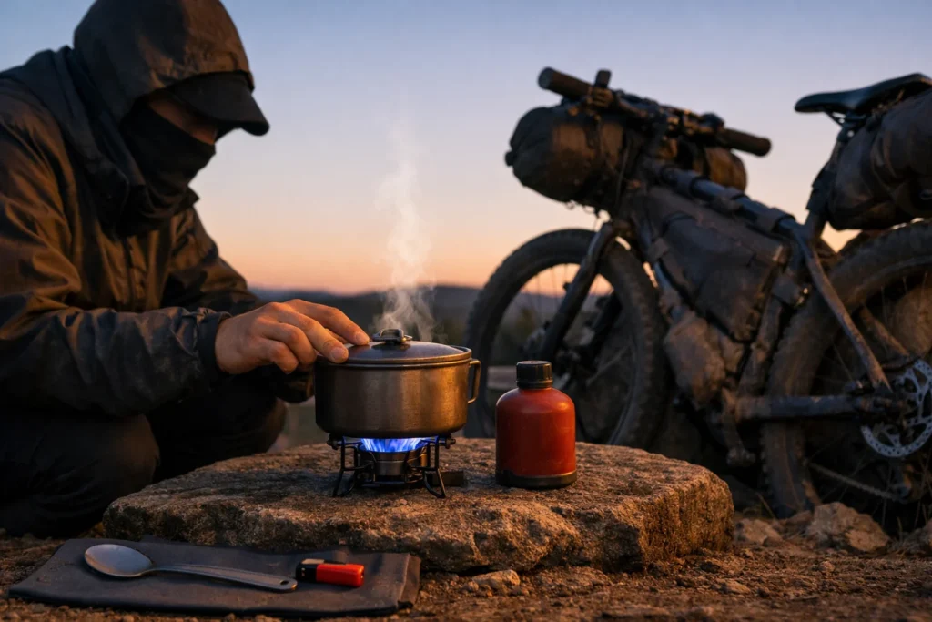 Bikepacking cooking system at dusk: rider boiling water on a compact stove beside a loaded bike