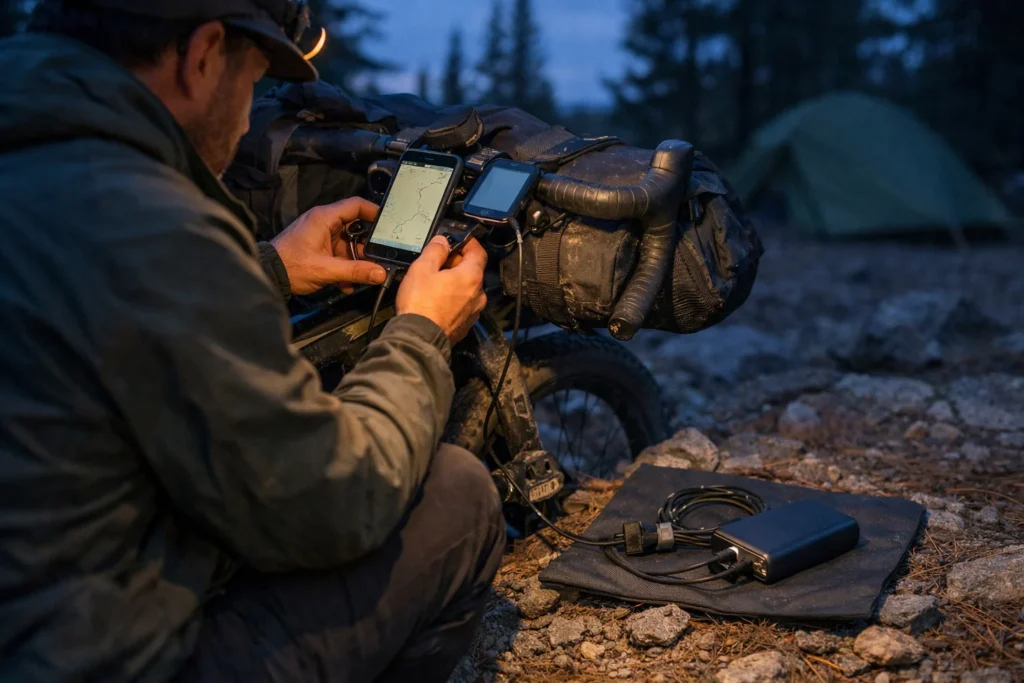 Bikepacking power setup at a dusk campsite: rider charging phone and GPS from a power bank with tidy cables