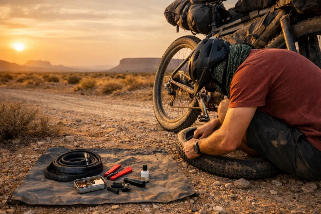 Bikepacking repair kit checklist laid out beside a rider fixing a flat on a remote desert road at sunset