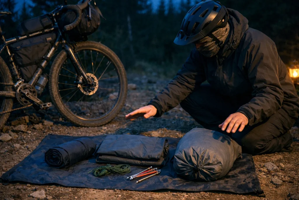 Bikepacker comparing tent vs bivy vs tarp bikepacking setups beside a loaded gravel bike at dusk