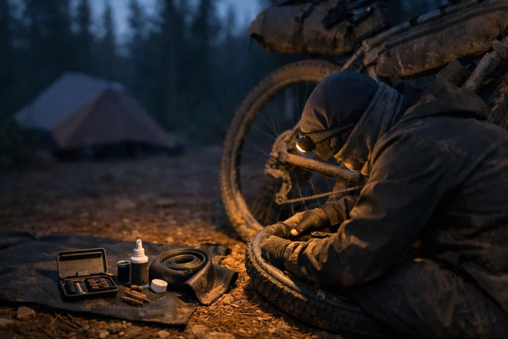 Bikepacker fixes a flat at camp, tubeless vs tubes bikepacking comparison with headlamp glow at dawn