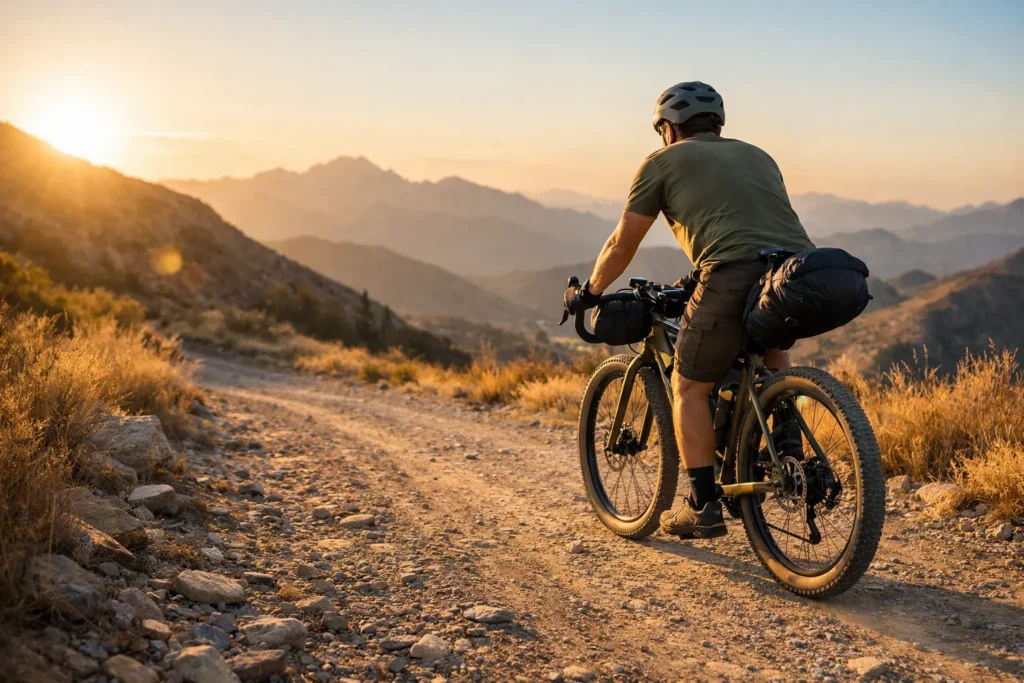 A cyclist wearing a helmet rides a fully loaded bike on a rocky mountain trail at sunset, with distant mountains and warm sunlight in the background.